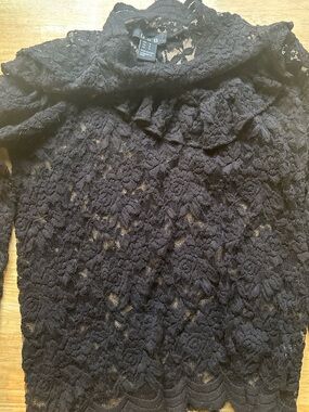 Black Lace Ruffle Neck Blouse -